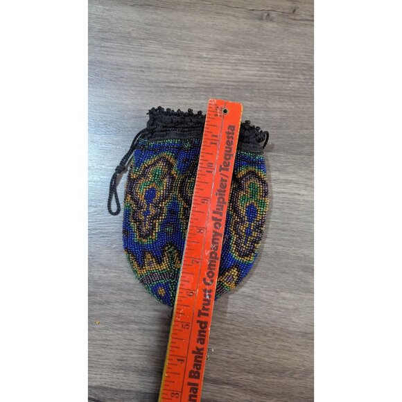 Beaded  Woven Drawstring Pouch Lot 2 Unique Bags Fringed & Patterned Small Vinta - Picture 10 of 10